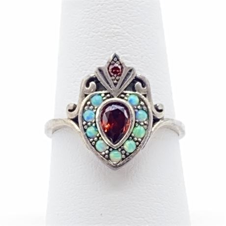 Vintage Ruby and Fire Opal Sterling Silver Ring - Size 7.75