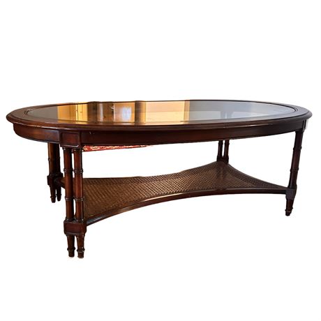 Hollywood Regency Oval Coffee Table with Glass Top and Bamboo-Style Shelf
