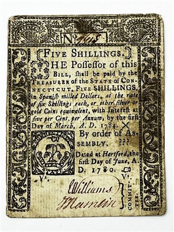 1780 Connecticut Five Shillings Colonial Currency Note 5S