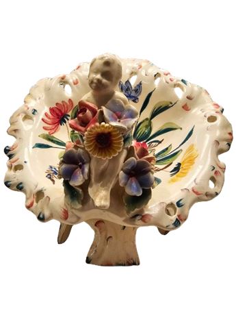 Vintage Hand Painted Capodimonte 3D Floral Bird Bath Style Console Bowl, Italy