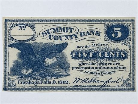 Civil War Cuyahoga Falls Ohio 1862 Summit County Bank Five Cent Fractional Note