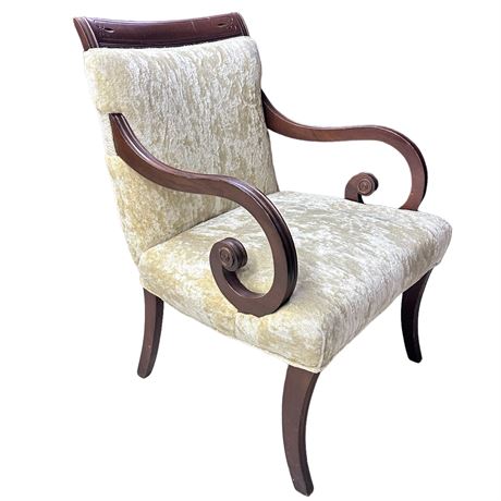 Vintage Upholstered Neoclassical-Style Mahogany Scroll Arm Armchair