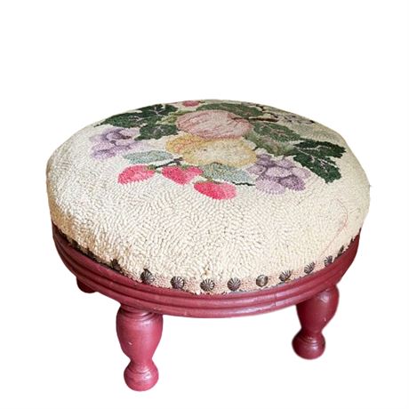 Fruit Bounty Rug Hooked Upholstered Antique Foot Stool
