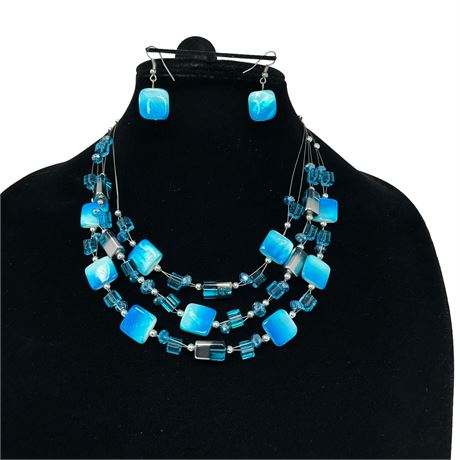 Aqua Blue Glass Bead Wire Necklace and Earring Set