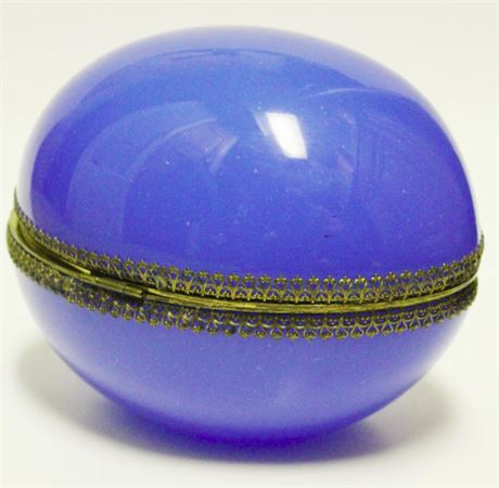 Antique French Blue Opaline Glass Egg Shaped Box