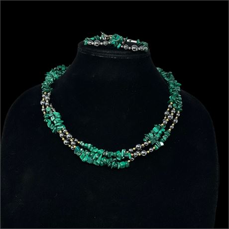 Malachite and Hematite Multistrand Necklace and Earrings