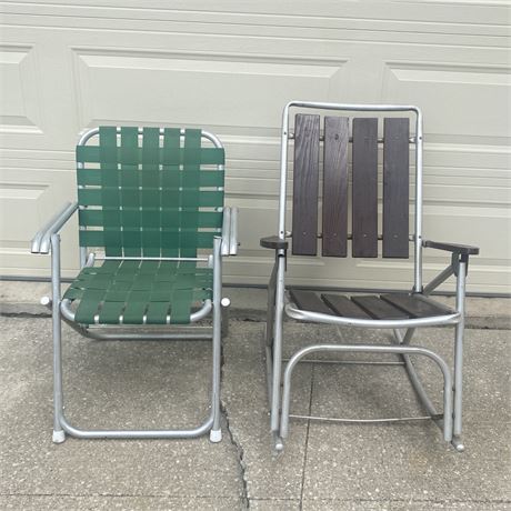 Vintage Aluminum Folding Chairs - Webbed Chair and Slatted Wood Rocking Chair